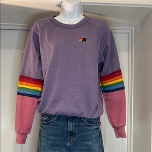 Aviator Nation Lavender Rainbow Stripe Pullover Sweatshirt